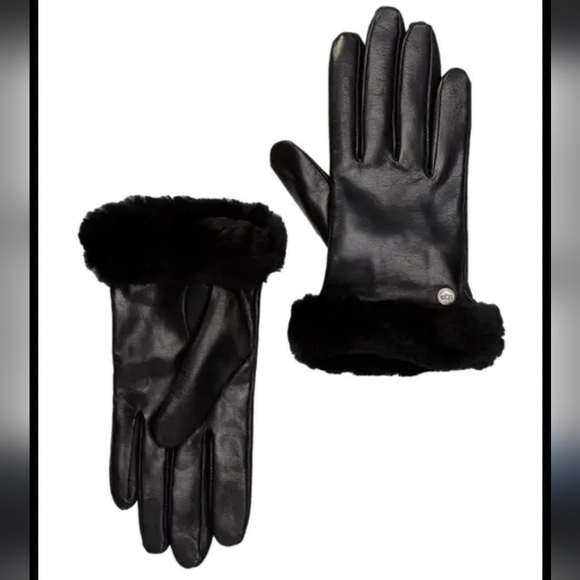 UGG Womens Shearling-Trim cuff Black leather Shorty Gloves Size Large - Picture 2 of 12